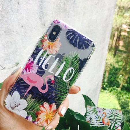 Coque silicone fleuri flammand rose HELLO iPhone 7 Plus / 8 Plus