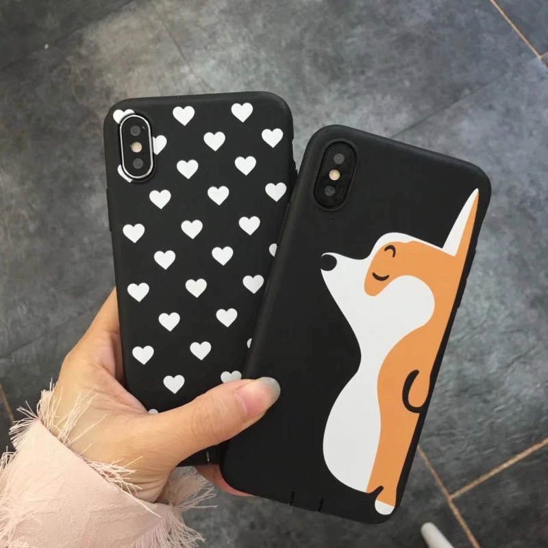 Coque silicone noir petits coeurs et chien mignon iPhone 7 Plus / 8 Plus
