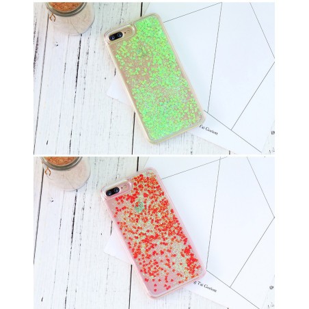 Coque transparente liquide paillettes coeurs orange rose jaune rouge violet iPhone 6 / 6S