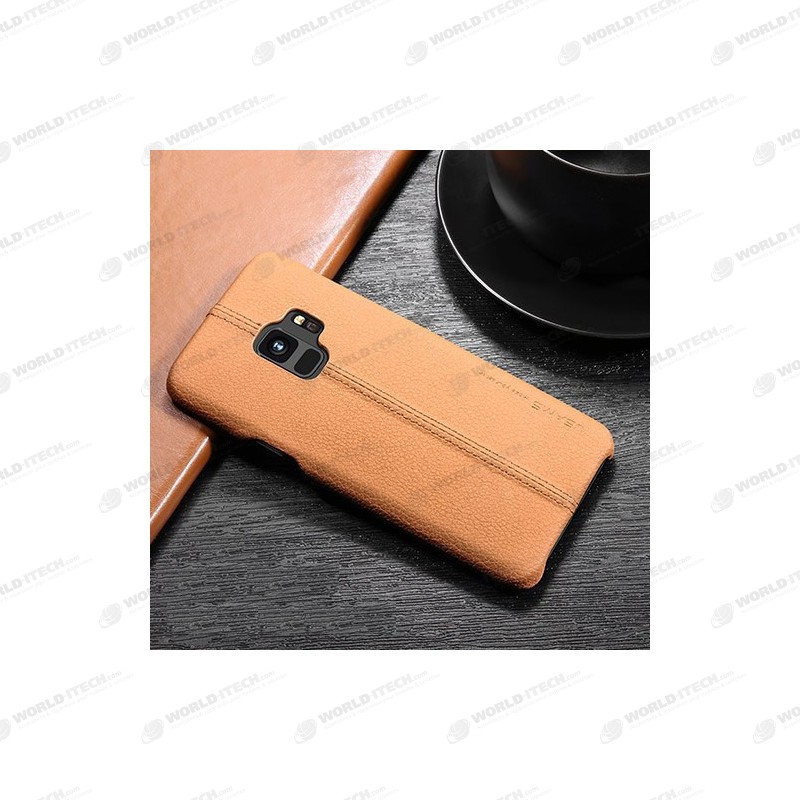 Coque protection cuir avec couture Samsung S9 bleu marine noir camel