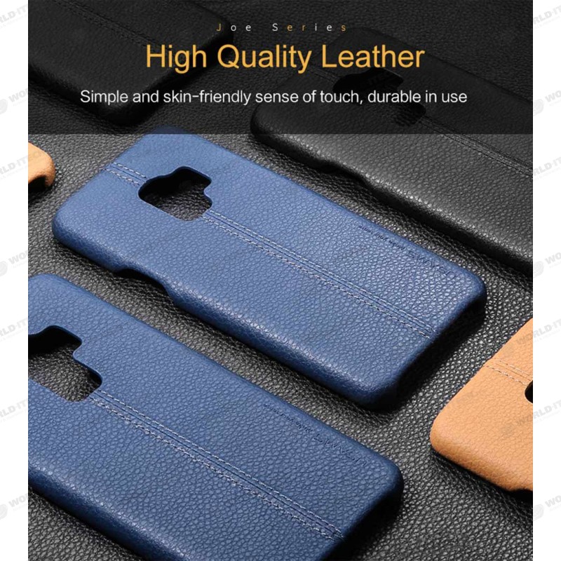 Coque protection cuir avec couture Samsung S9 bleu marine noir camel