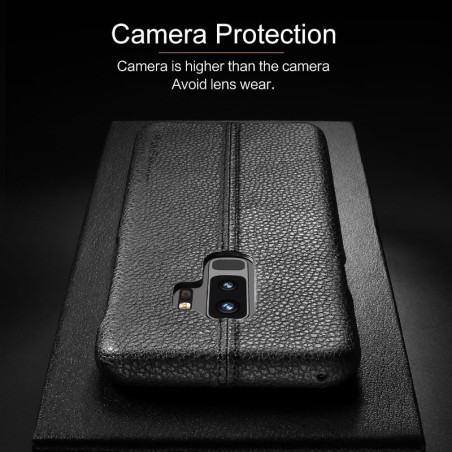 Coque protection cuir avec couture Samsung S9 bleu marine noir camel