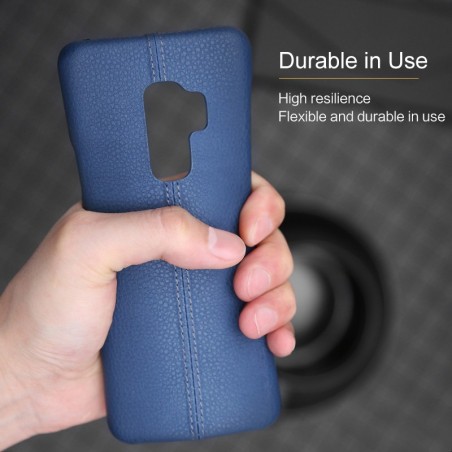 Coque protection cuir avec couture Samsung S9 bleu marine noir camel