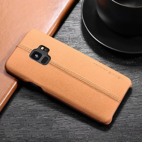 Coque protection cuir avec couture Samsung S9 Plus bleu marine noir camel
