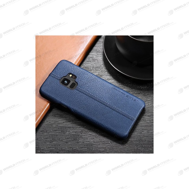 Coque protection cuir avec couture Samsung S9 Plus bleu marine noir camel