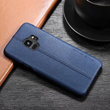 Coque protection cuir avec couture Samsung S9 Plus bleu marine noir camel