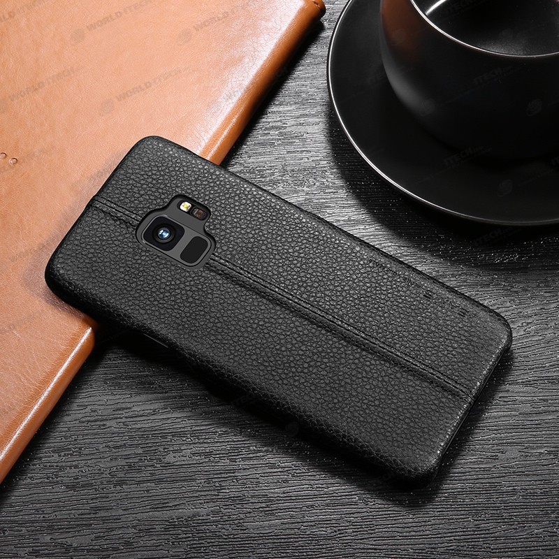 Coque protection cuir avec couture Samsung S9 Plus bleu marine noir camel