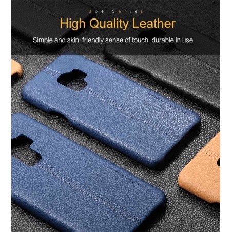 Coque protection cuir avec couture Samsung S9 Plus bleu marine noir camel