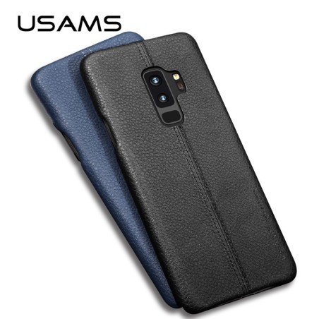 Coque protection cuir avec couture Samsung S9 Plus bleu marine noir camel
